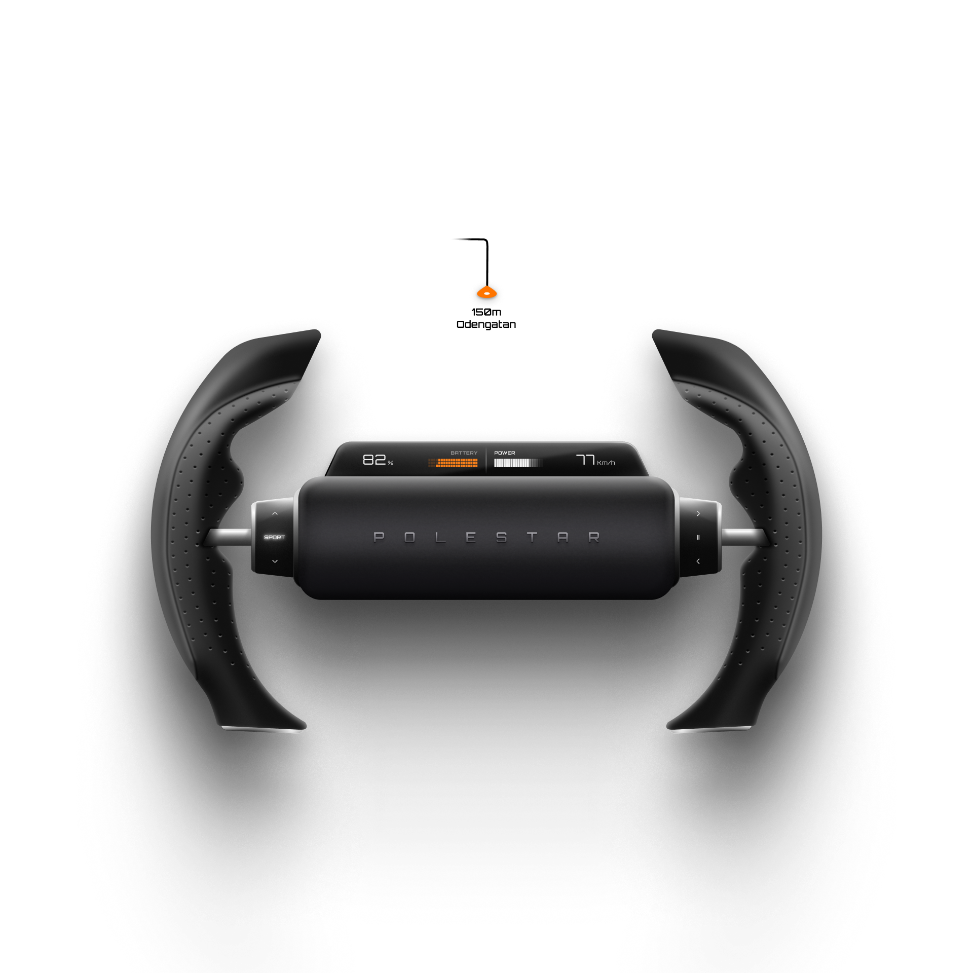 Polestar steering wheel with a minimalistic driver display showing battery, power and speed readouts.