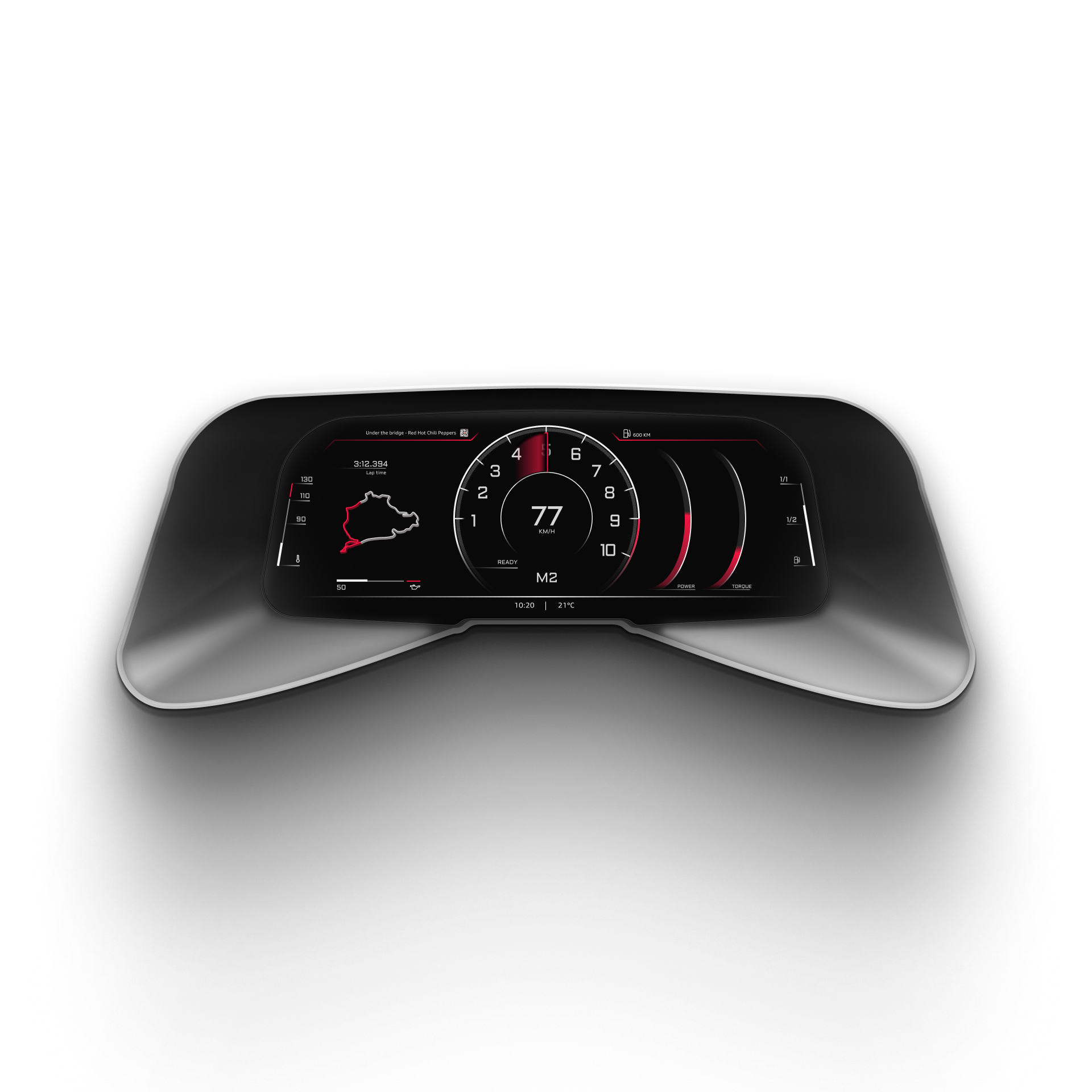 Audi R8 driver display concept render showing a dark instrument cluster with speedometer, lap map and vehicle data.