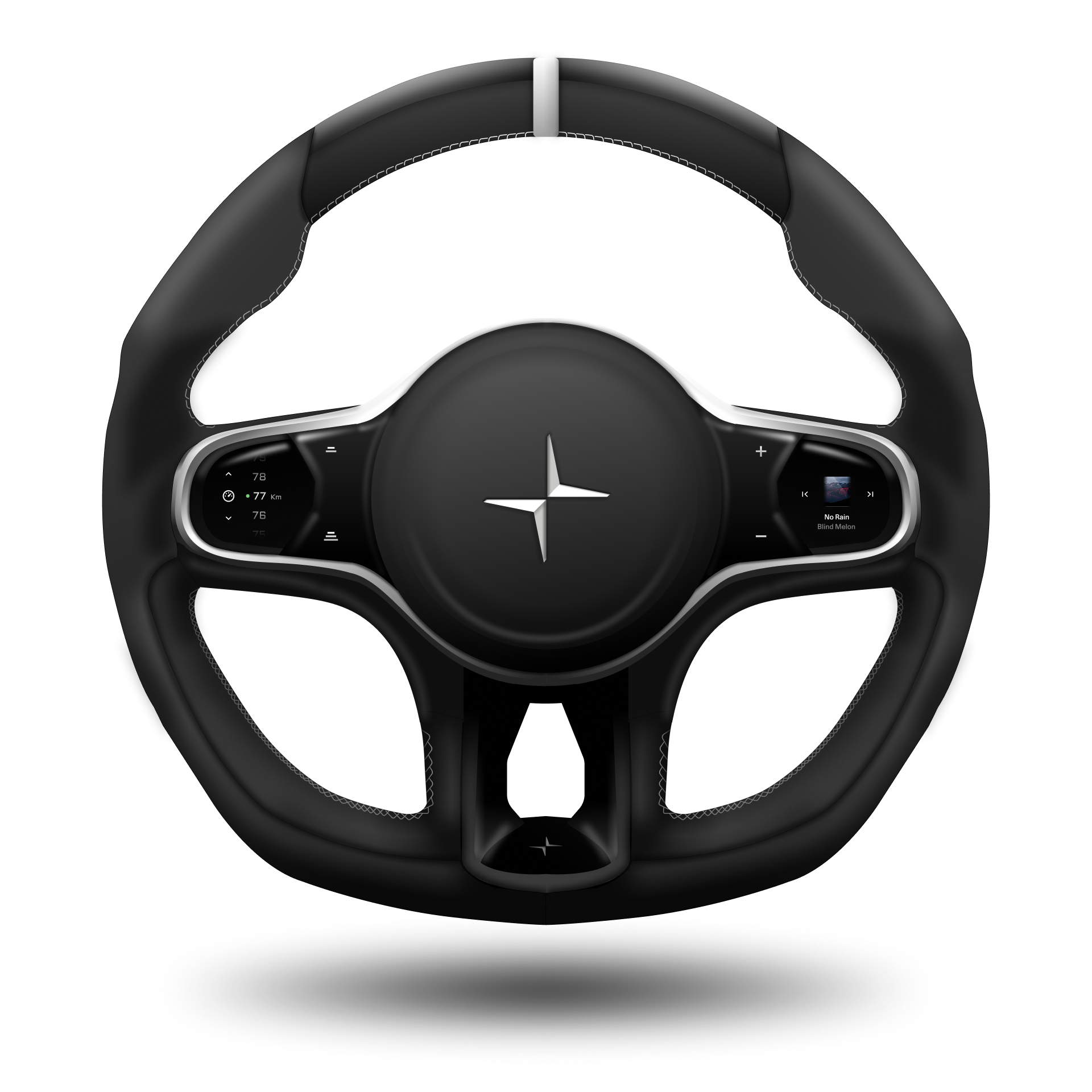 Polestar performance steering wheel render showing a dark leather wheel with chrome accents and integrated displays.